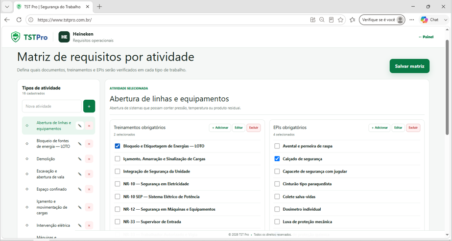 Tela da matriz de requisitos por atividade do TST Pro