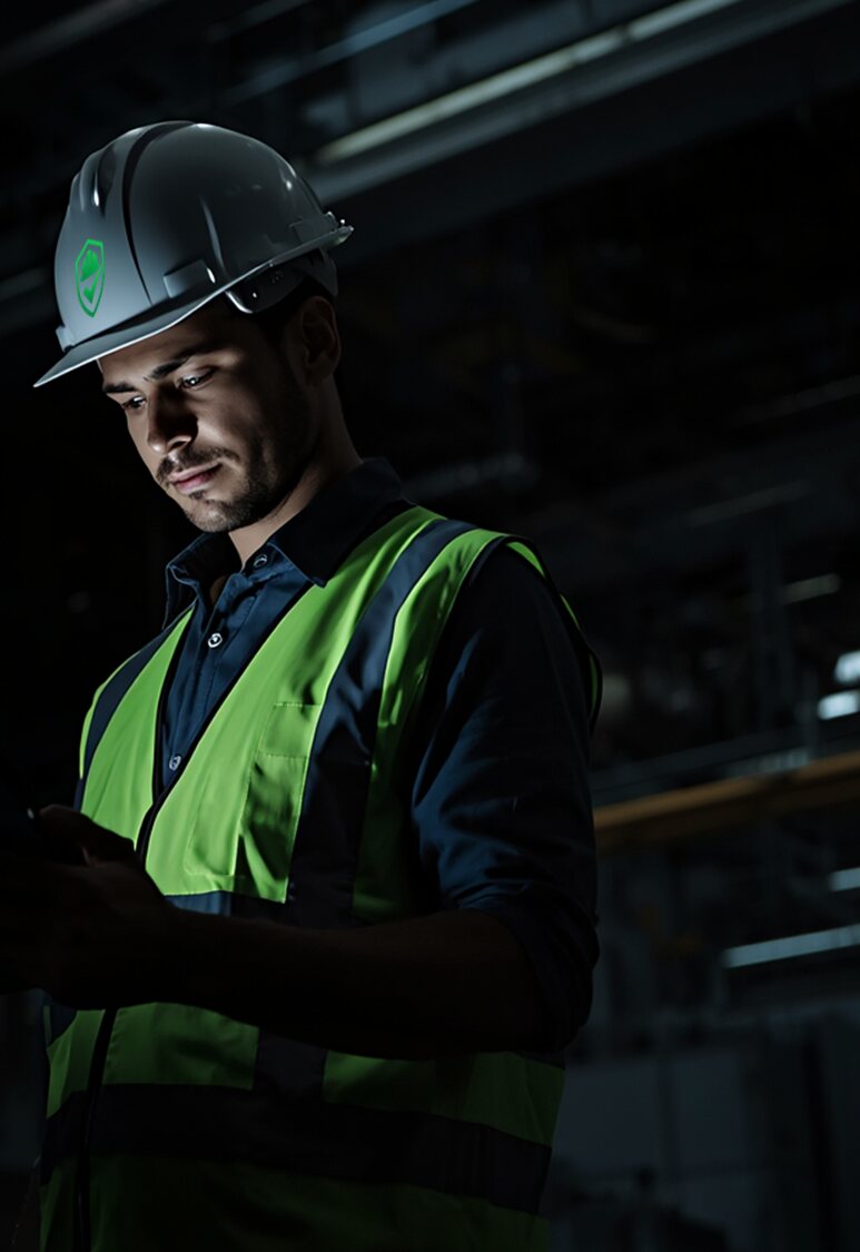 Profissional de Segurança do Trabalho usando capacete com a marca TST Pro